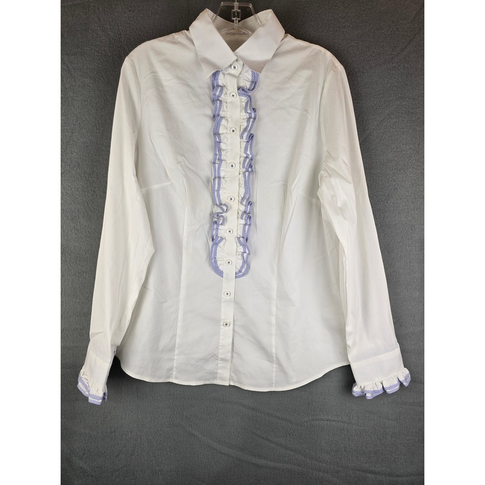 Gorsuch Wallmann Blouse Womens 44 White Blue Purple Ruffle Button Down Austria